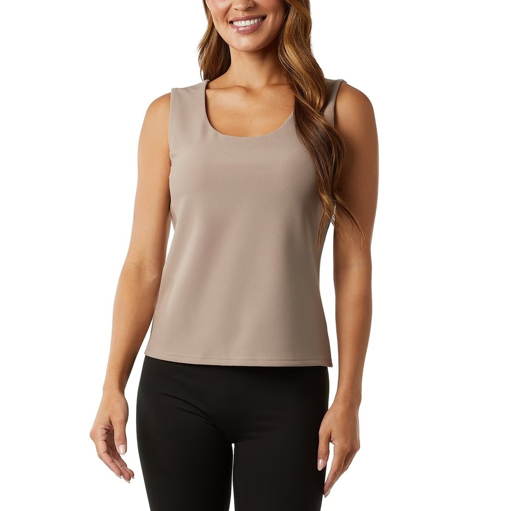 32 Degrees Womens Ribbed Tank with Built-In Bra Taupe Tan Large Scoop Neck